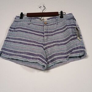 British Khaki Women's Size 10 100% Linen Blue Striped Shorts Casual Beach